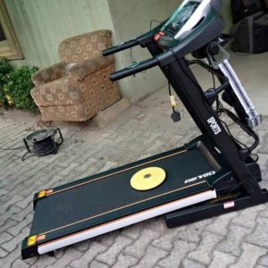 GYM MASTER 2.5 HP TREADMILL with massager, USB, incline, dumbbells, twister, and sit up bench 230k